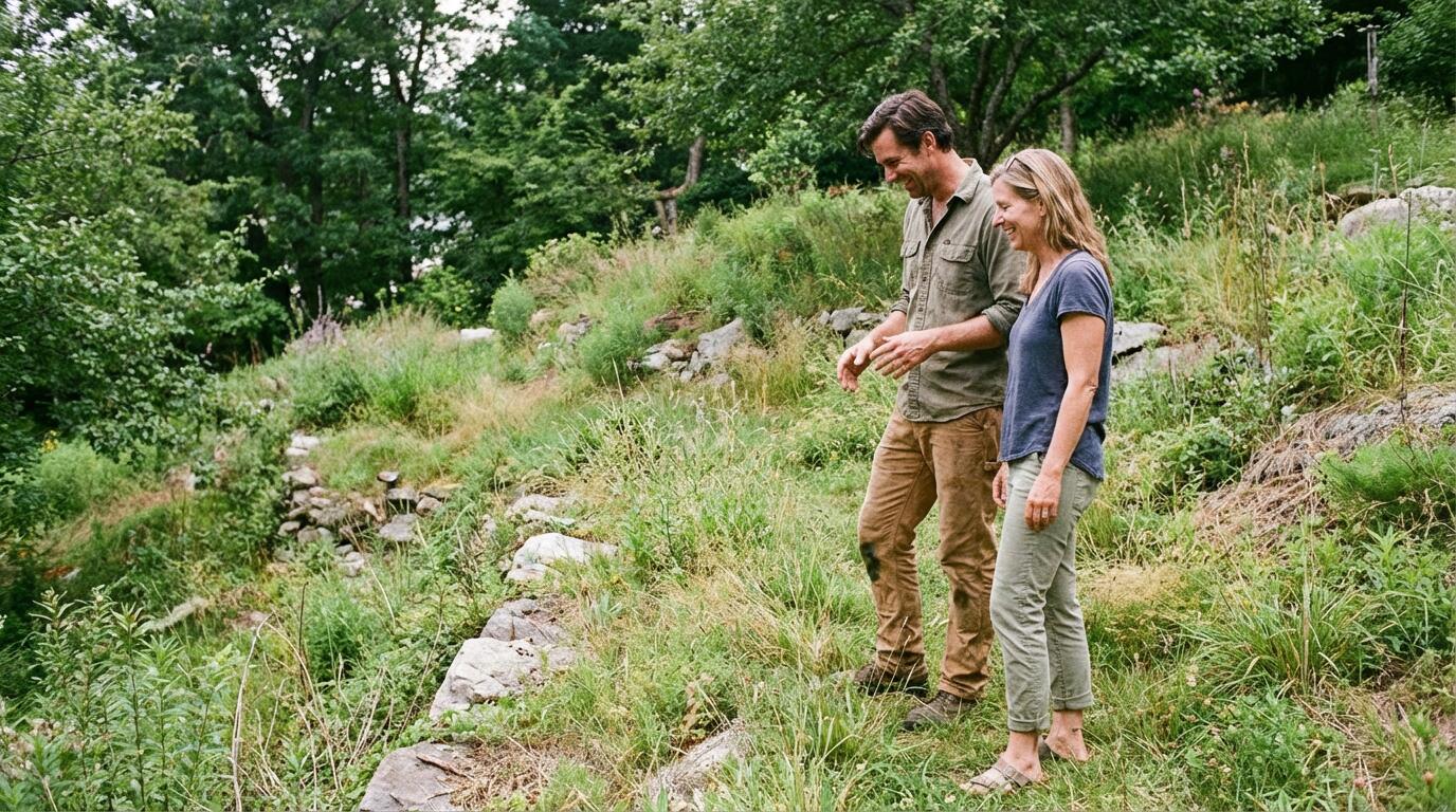 Paysagiste et propriétaire discutant dans un jardin en pente