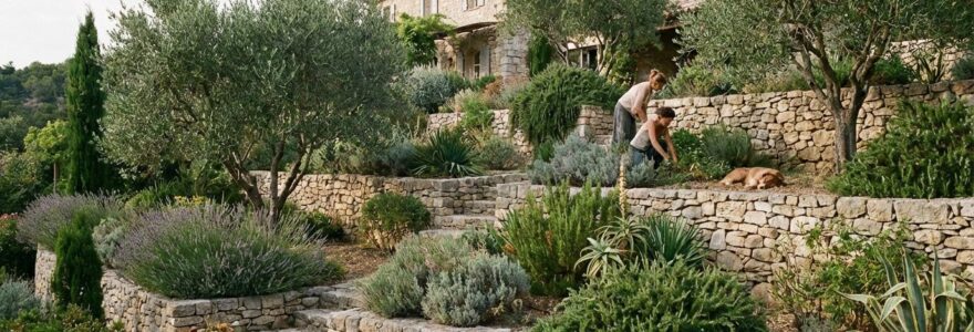 Jardin résidentiel aménagé en terrasses avec murets en pierre sur terrain pentu
