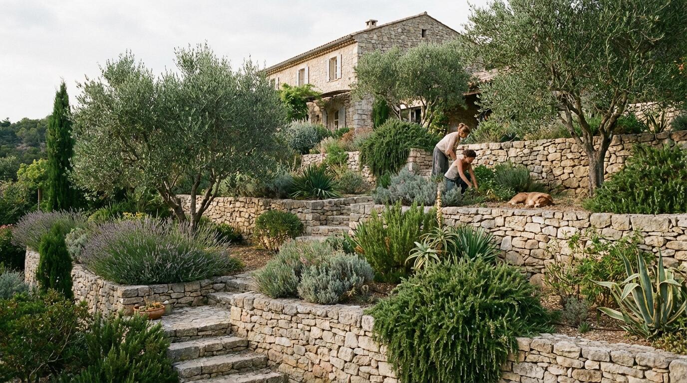 Jardin résidentiel aménagé en terrasses avec murets en pierre sur terrain pentu