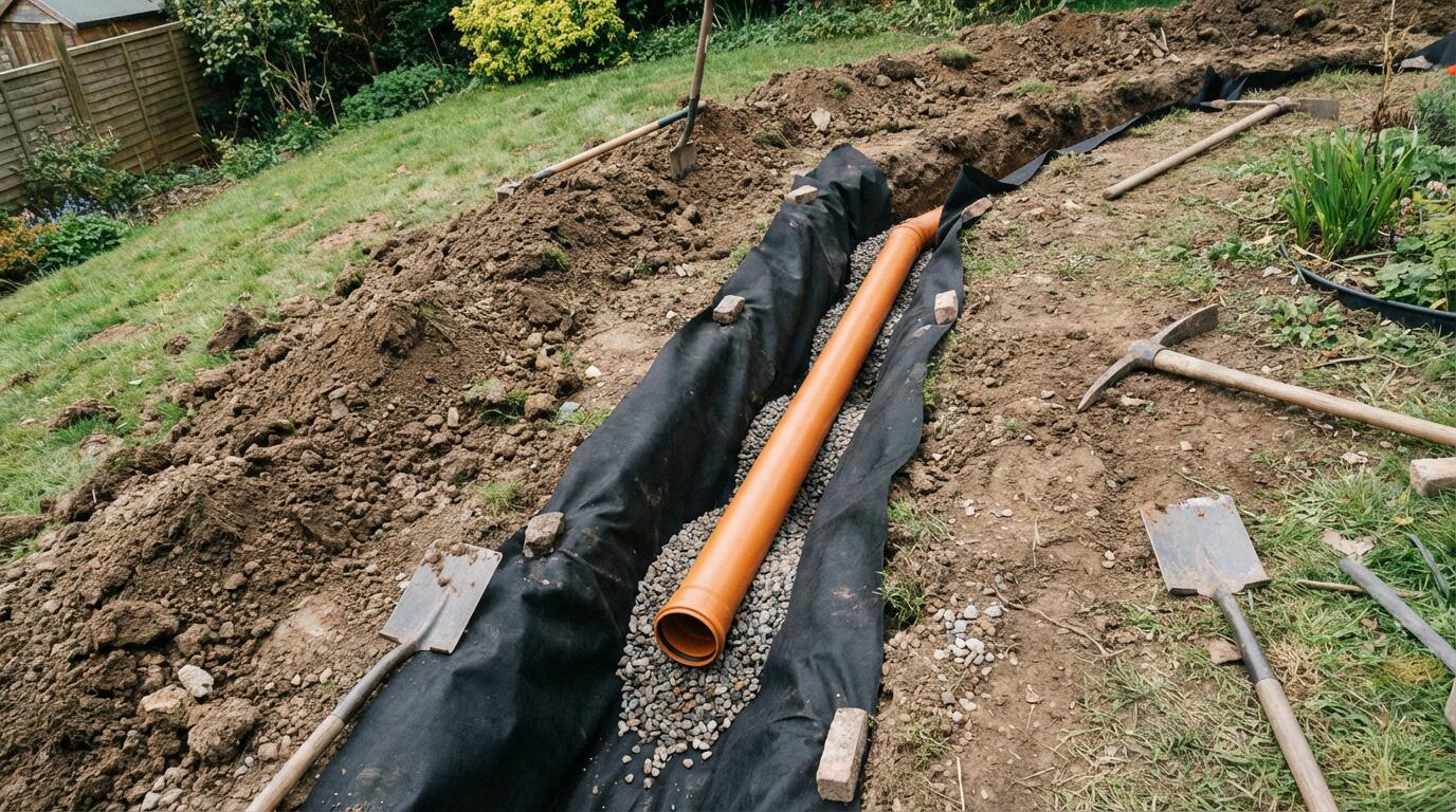 Installation drain agricole dans tranchée pour jardin en pente
