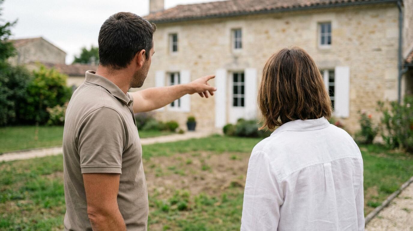 Paysagiste et propriétaire en discussion dans un jardin résidentiel bordelais