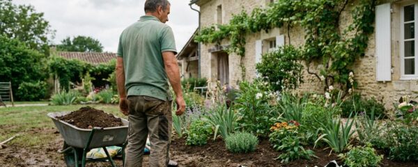 Paysagiste inspectant un massif fraîchement planté dans un jardin résidentiel bordelais
