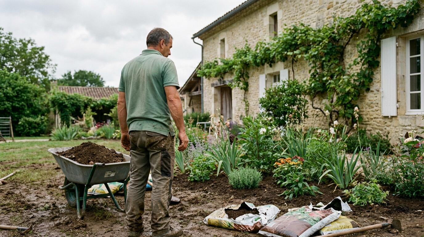 Paysagiste inspectant un massif fraîchement planté dans un jardin résidentiel bordelais