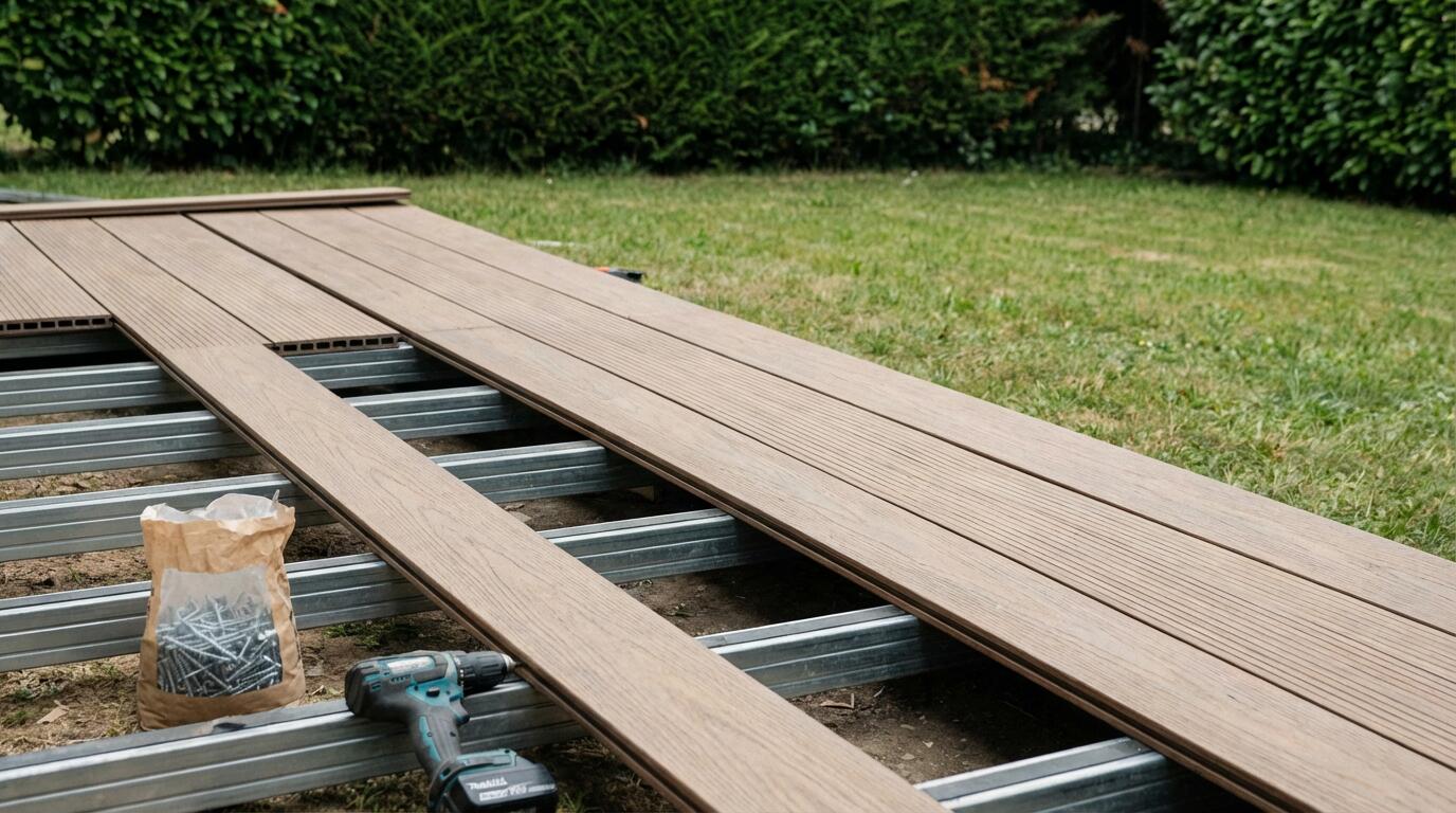 Terrasse bois composite en cours de pose avec lames et lambourdes visibles