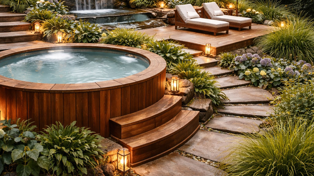 Paysagiste vérifiant la pente d'une terrasse autour d'un spa avec un niveau