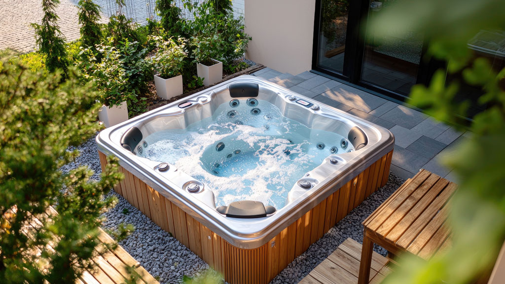 Détail de bordure en pierre naturelle et graminées autour d'un spa encastré
