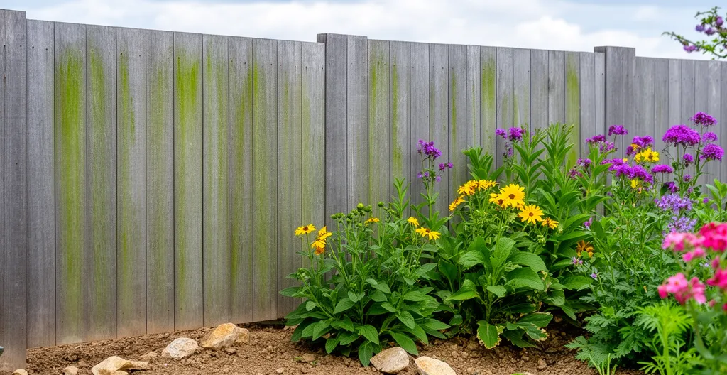 Base de clôture bois avec traces d'humidité près de plantations vivaces trop proches