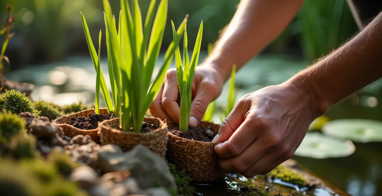 Berges de bassin végétalisées masquant naturellement la bâche EPDM