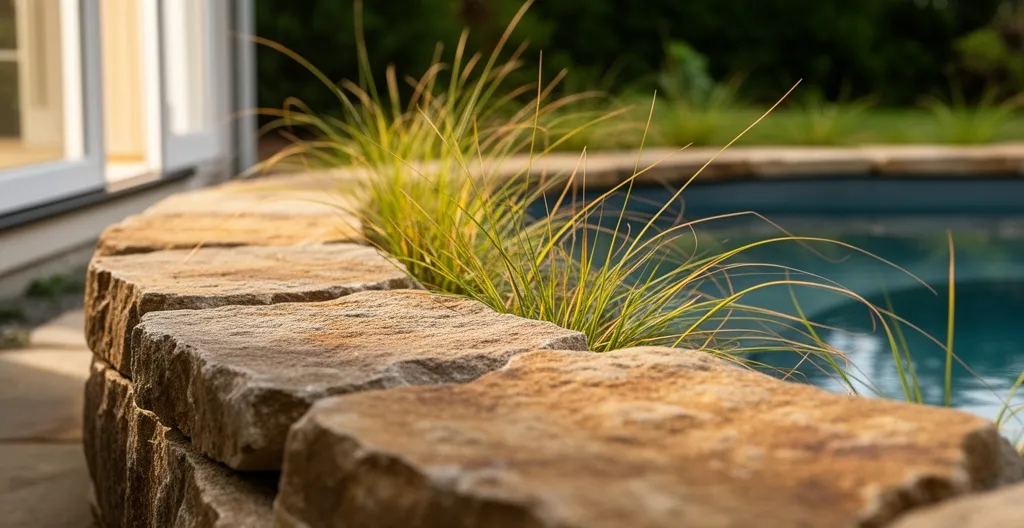 Détail de bordure en pierre naturelle et graminées autour d'un spa encastré