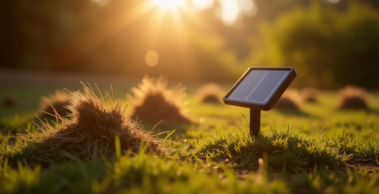 Borne solaire à ultrasons plantée dans un jardin avec taupinières visibles, symbolisant son inefficacité.
