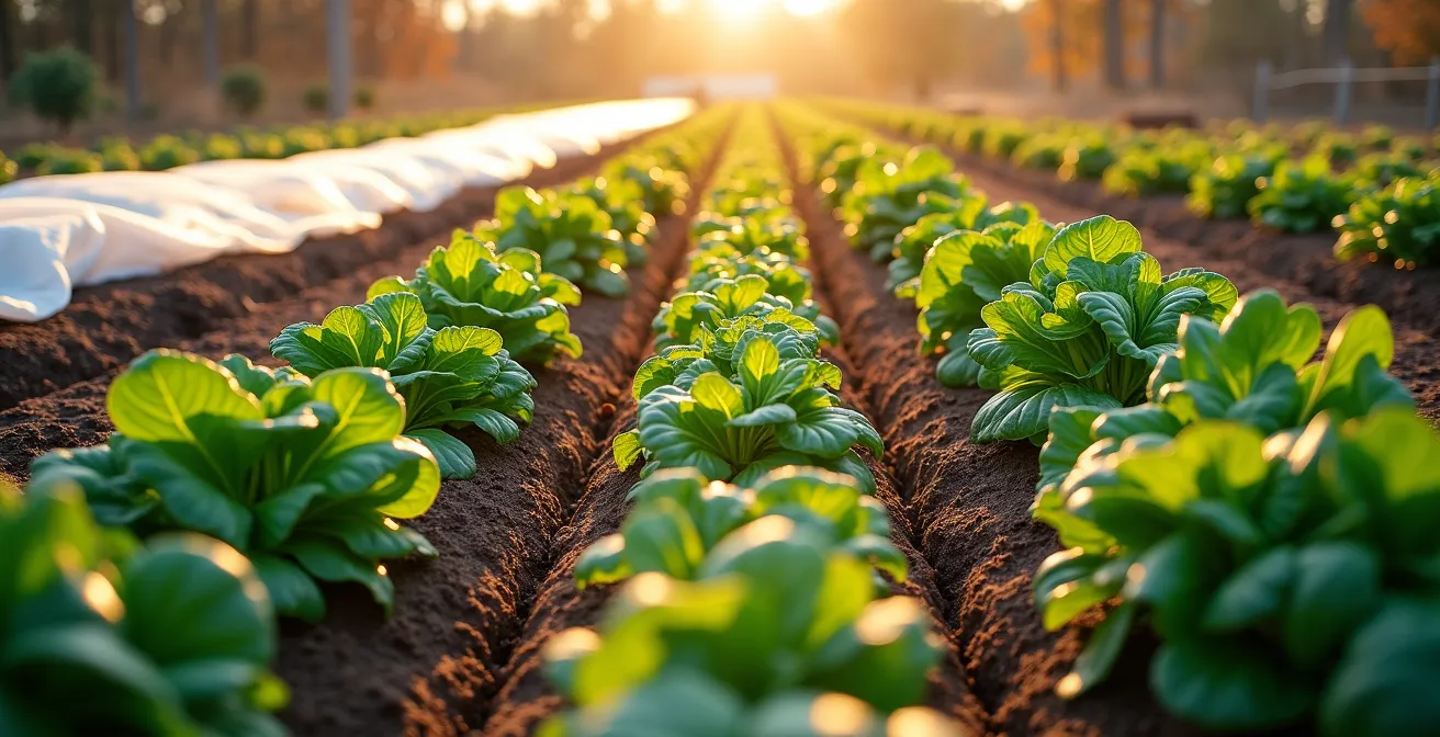 Vue d'ensemble d'un potager en automne avec épinards, mâche et cultures d'hiver sous voiles de protection