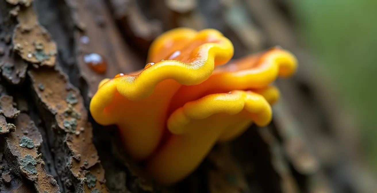 Gros plan sur un champignon lignivore polypore soufré sur tronc d'arbre