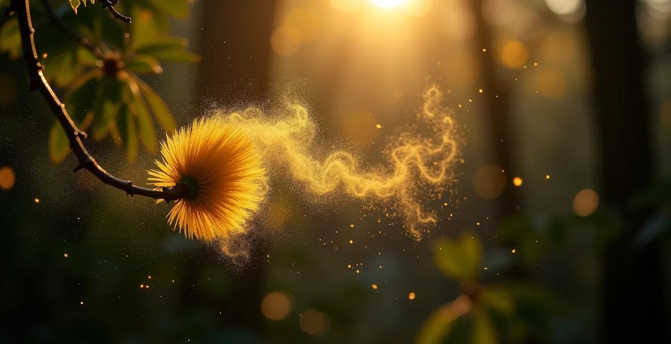 Chatons de noisetier libérant un nuage de pollen doré dans la lumière de février