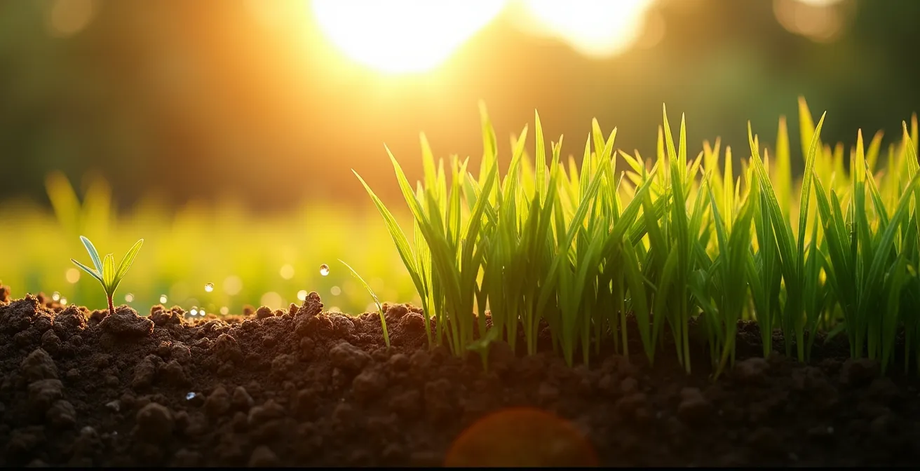 Vue de profil comparative montrant deux hauteurs de gazon sous le soleil d'été