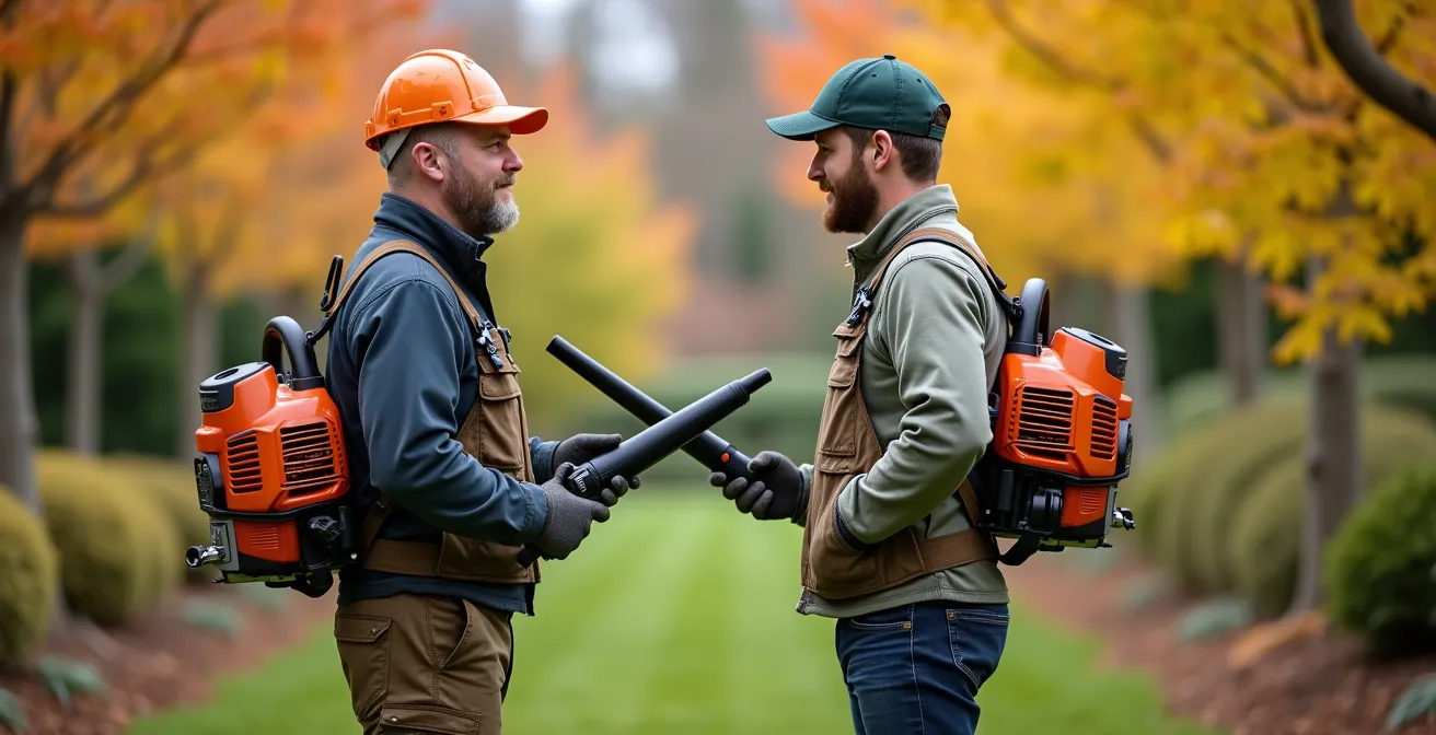 Comparaison ergonomique entre un utilisateur de souffleur thermique à dos à la posture droite et un utilisateur de souffleur à main dont le bras est tendu.
