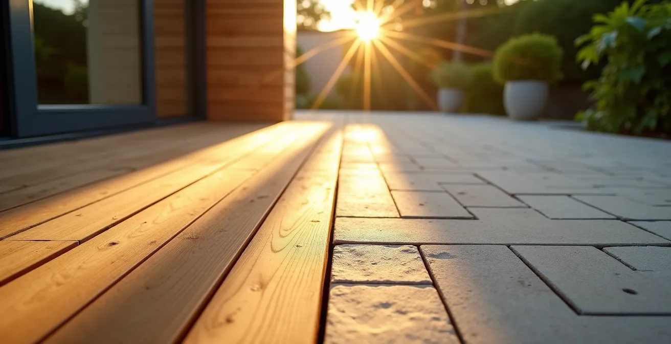 Vue comparative d'une terrasse mi-bois mi-pierre prolongeant un salon, montrant les différences de texture et d'ambiance