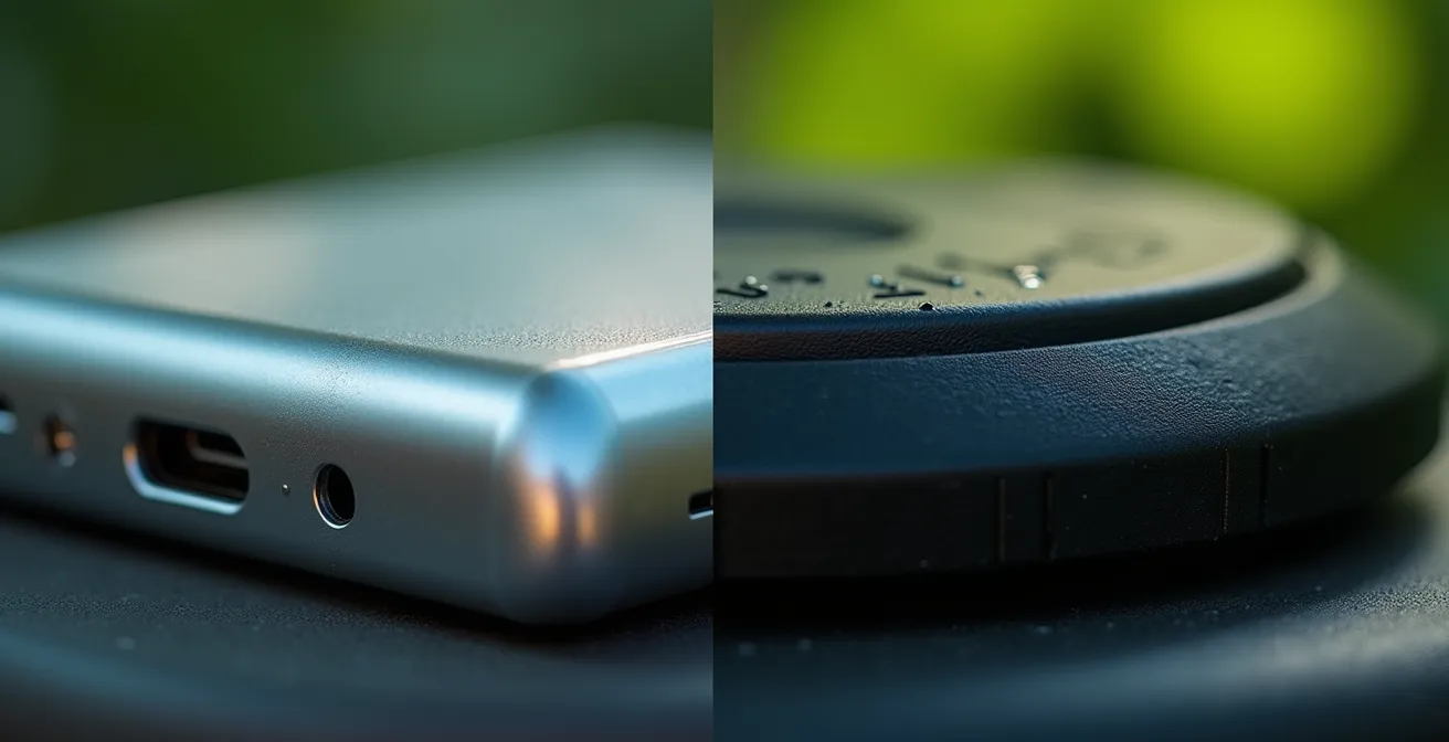 Vue macro sur batterie lithium et réservoir essence de tondeuse côte à côte