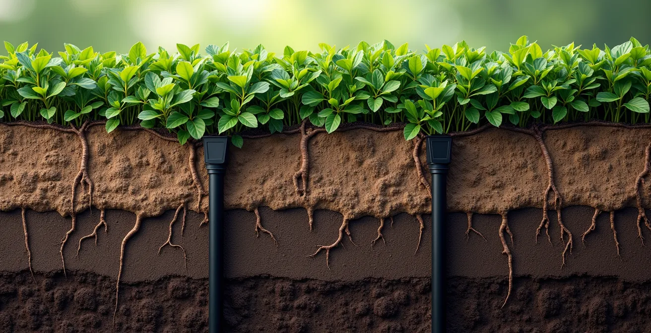 Vue aérienne d'une double ligne d'irrigation goutte-à-goutte installée de part et d'autre d'une haie