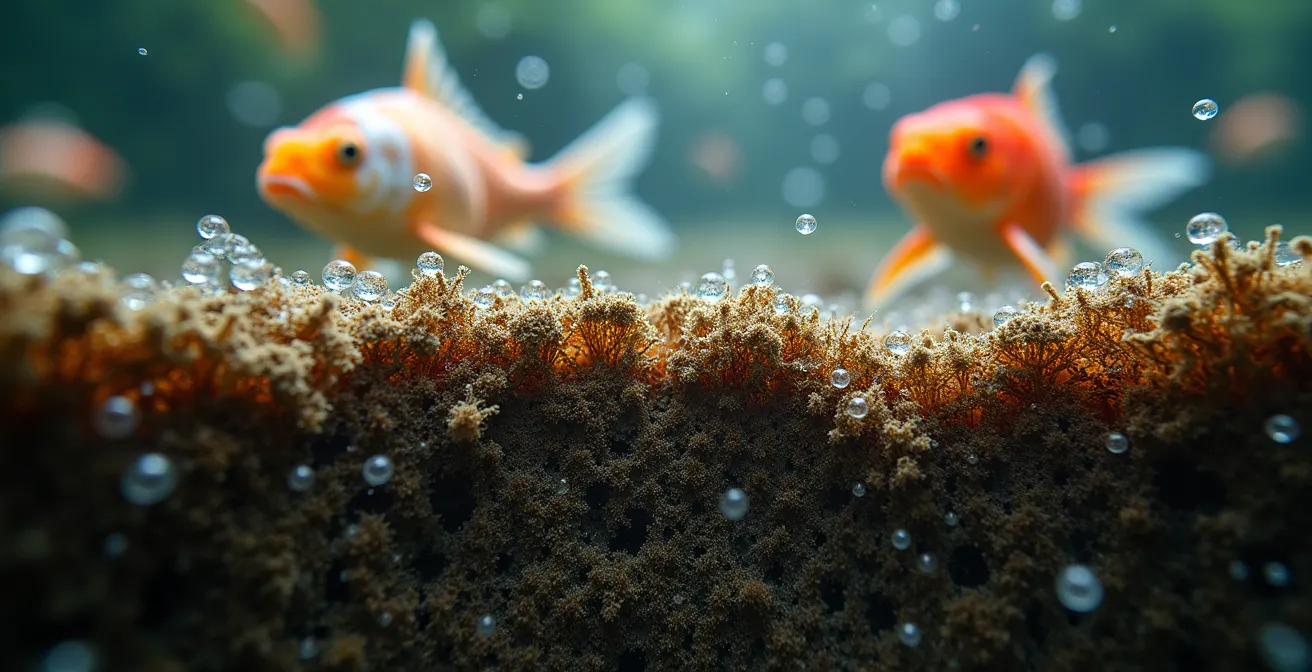 Coupe transversale d'un bassin montrant l'accumulation de vase et son impact sur la qualité de l'eau