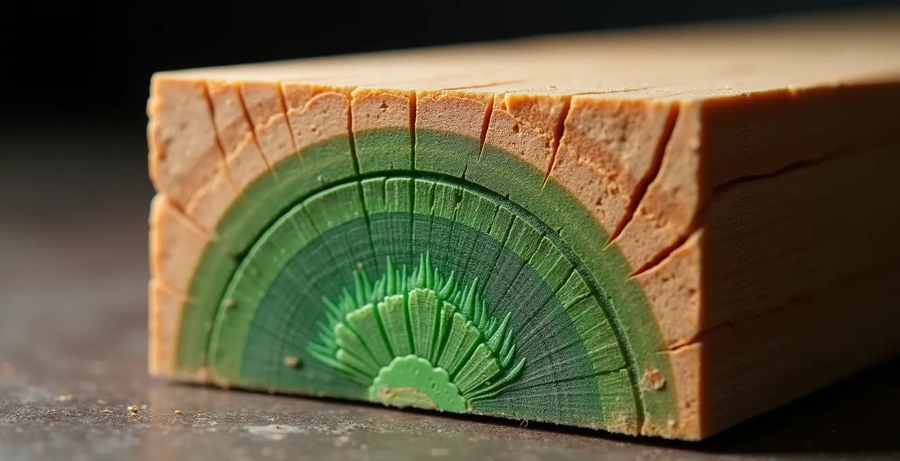 Coupe transversale d'une lame de bois montrant la pénétration du traitement autoclave jusqu'au cœur