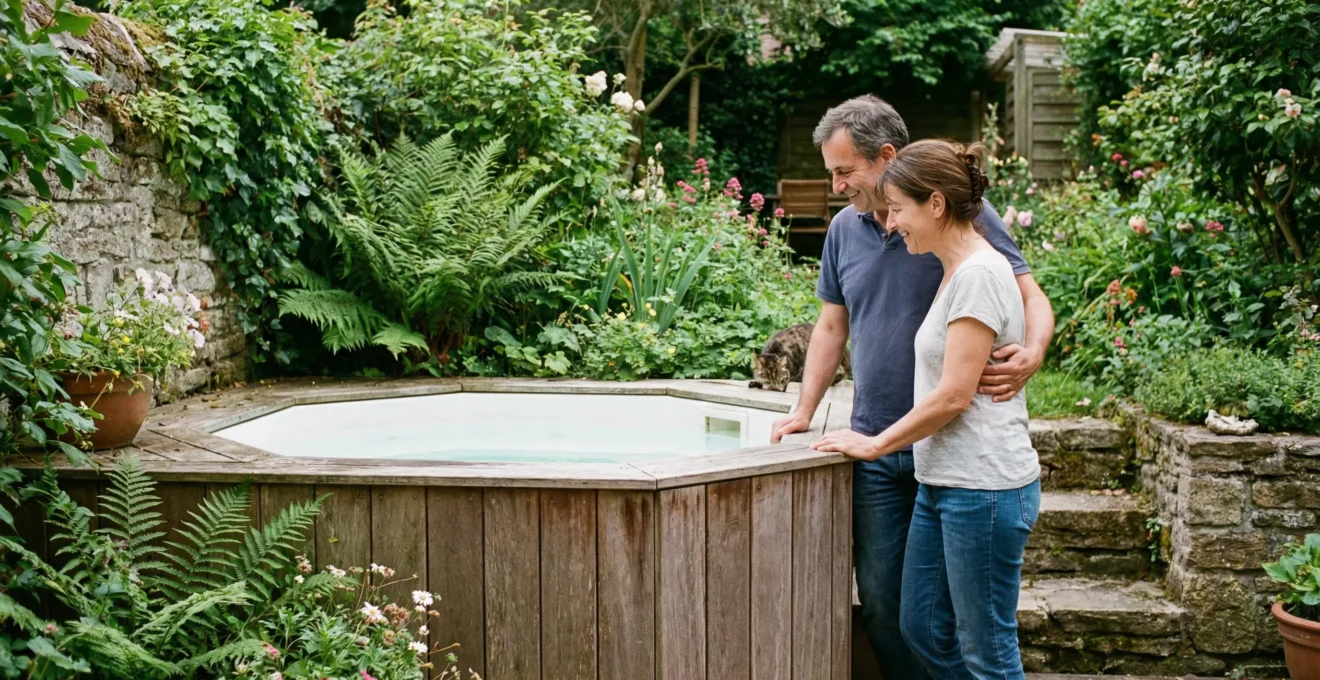 Couple observant un spa intégré dans une terrasse en bois entourée de végétation