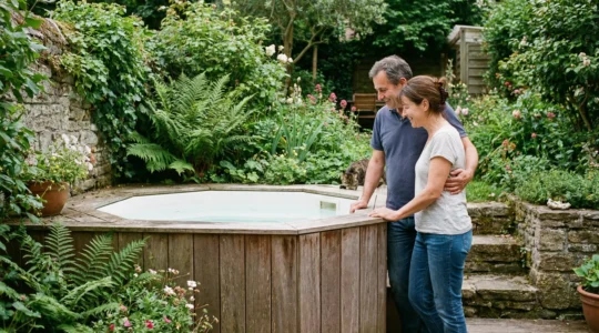 Couple observant un spa intégré dans une terrasse en bois entourée de végétation