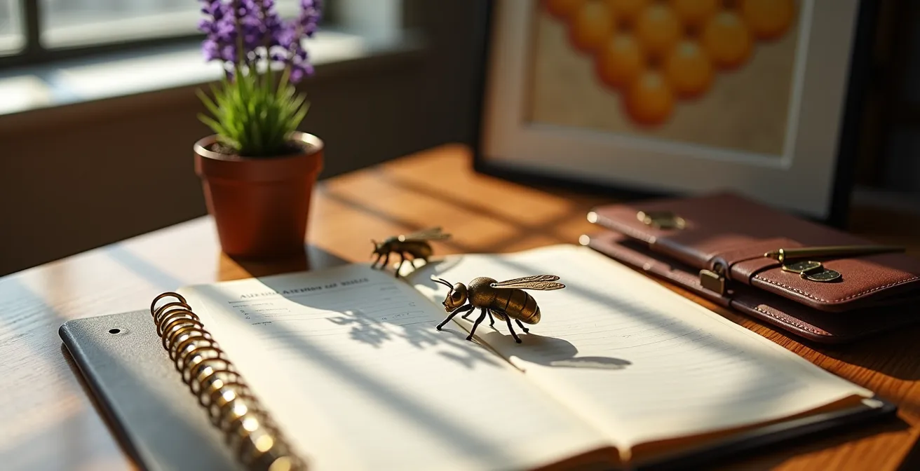 Bureau avec documents d'assurance et certificat NAPI posés sur une table en bois