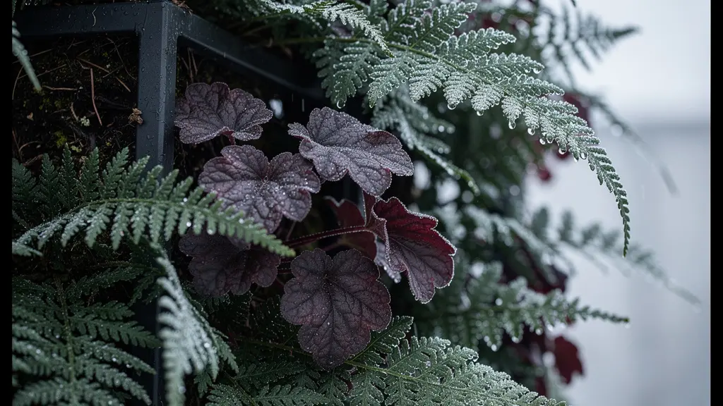 Gros plan sur mur végétal extérieur avec fougères persistantes et heuchères colorées