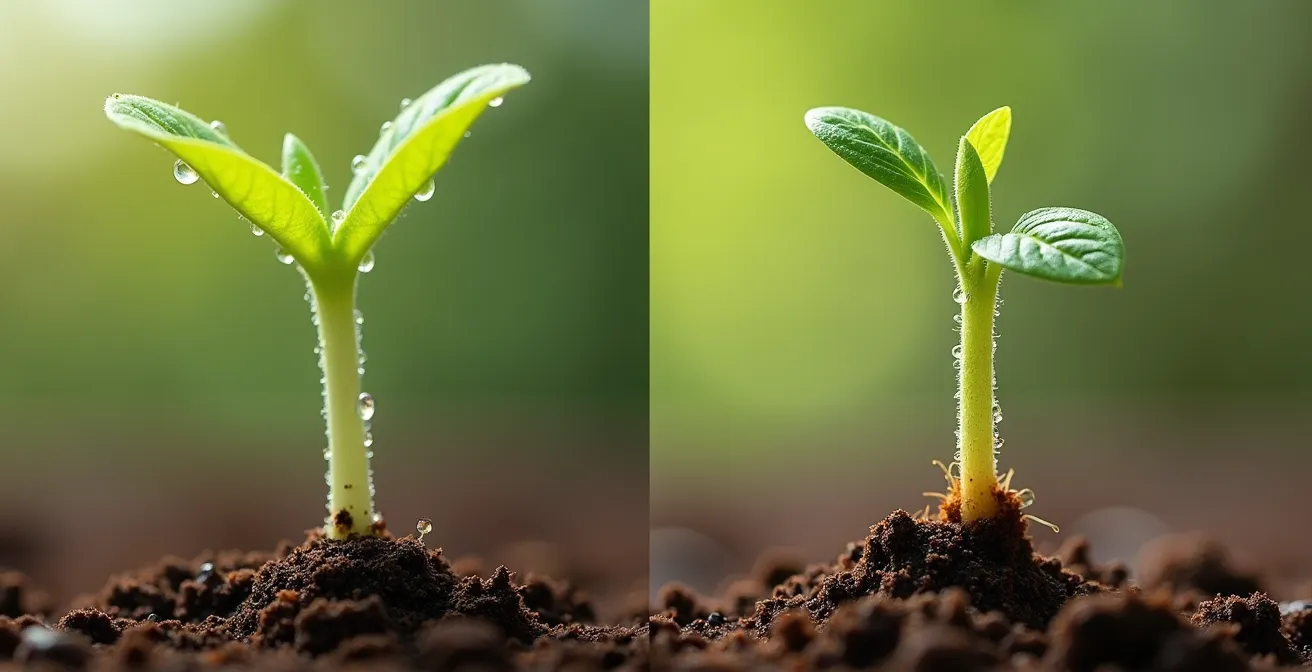 Comparaison visuelle entre un semis qui file par excès de chaleur et un semis atteint de fonte, montrant les différences de couleur et structure de la tige