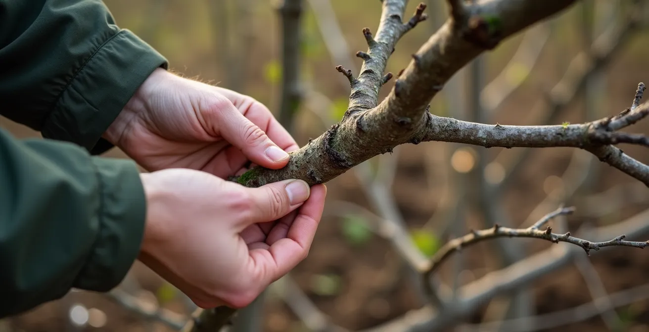 Main effectuant délicatement le test de grattage sur l'écorce d'un arbuste méditerranéen