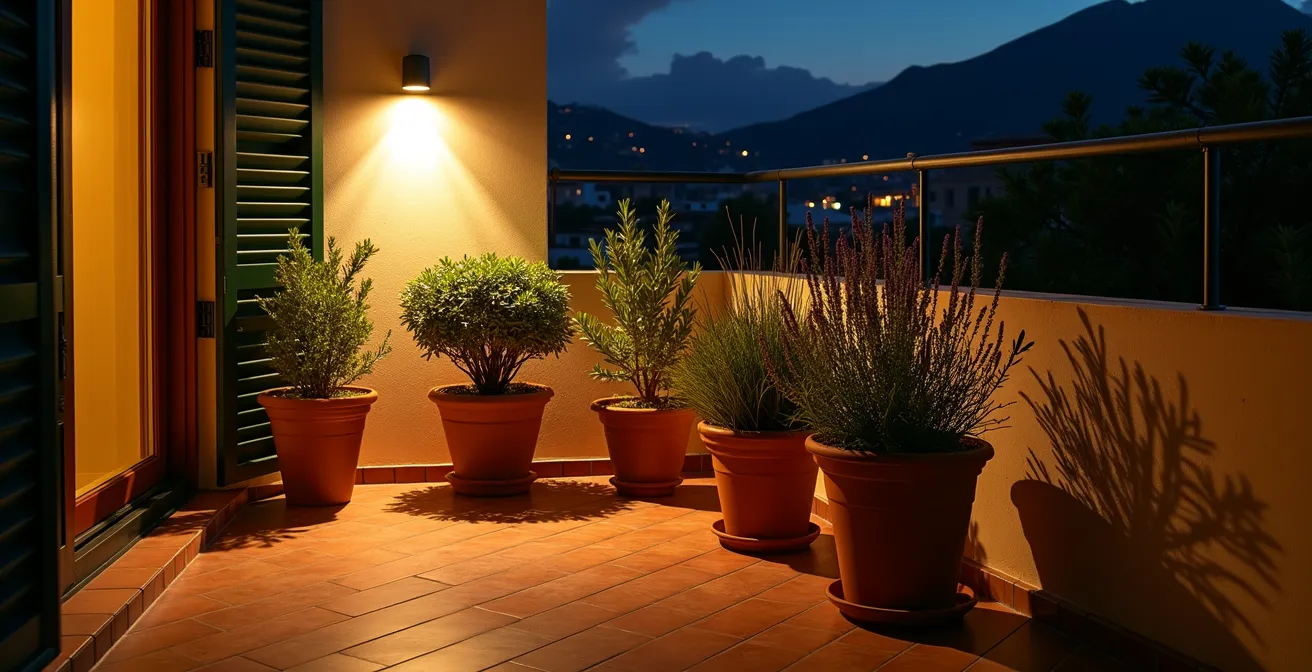 Mise en scène nocturne d'arbustes éclairés indirectement sur balcon