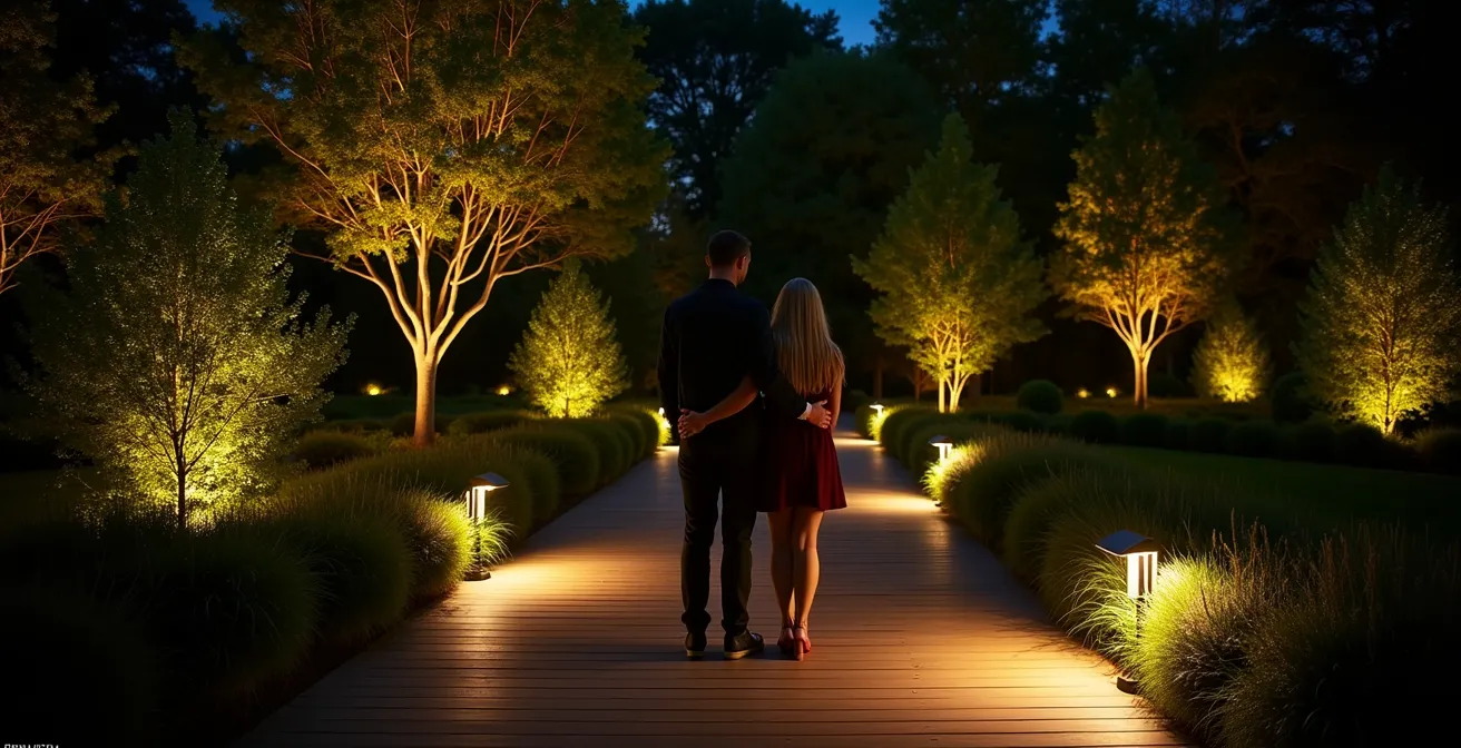 Jardin éclairé de nuit montrant trois niveaux de profondeur créés par un éclairage stratégique