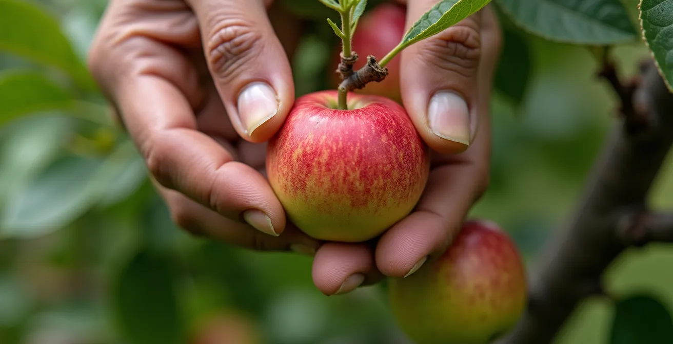 Main éclaircissant délicatement les jeunes pommes sur une branche en juin