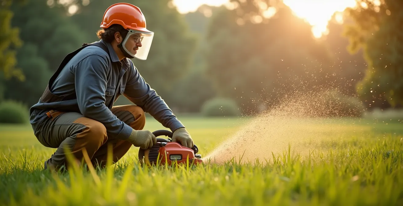 Jardinier équipé de protection complète utilisant une débroussailleuse en action