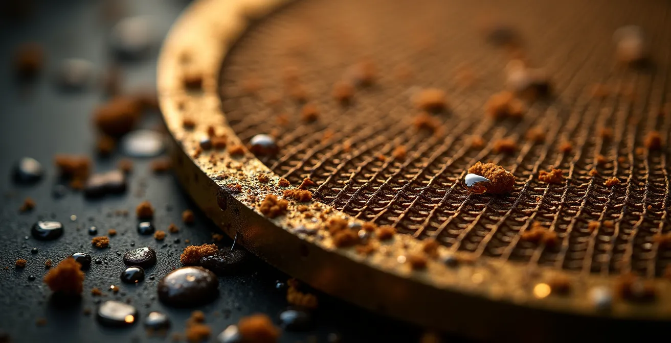 Gros plan sur un filtre à tamis montrant les débris retenus