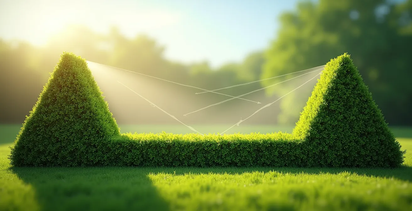 Vue latérale d'une haie taillée en forme trapézoïdale montrant la répartition optimale de la lumière