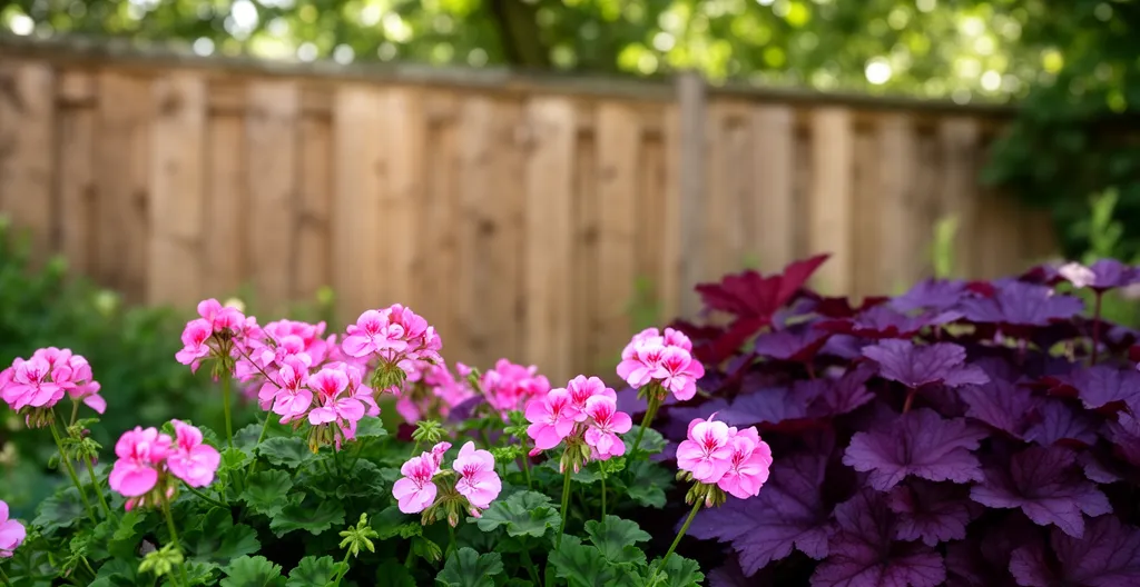 Géraniums vivaces roses associés à heuchères pourpres devant clôture bois