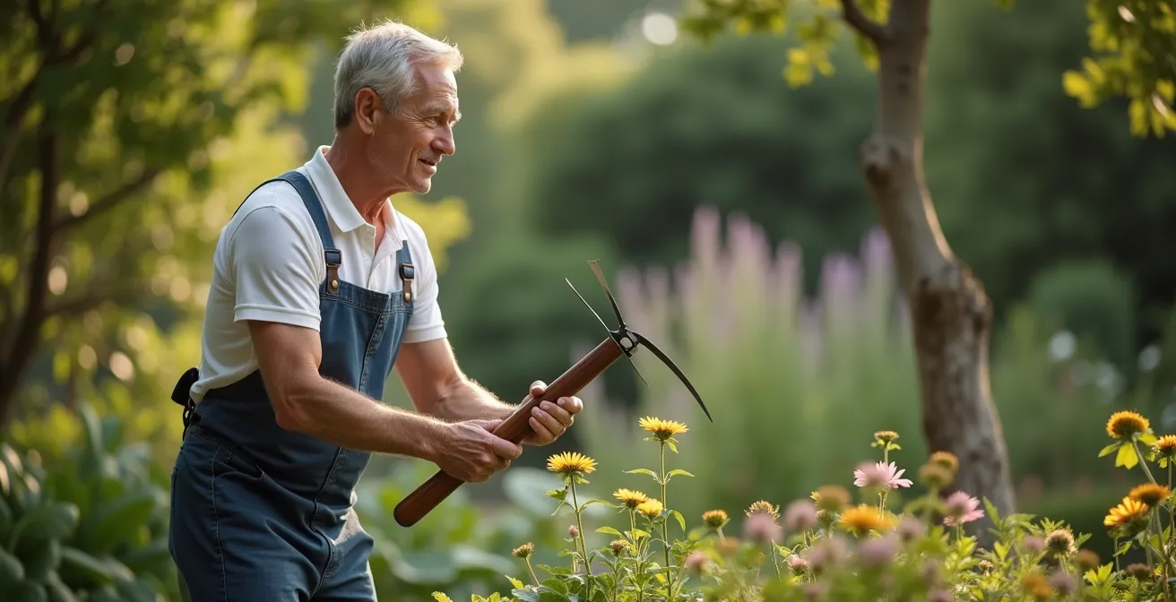 Jardinier utilisant une grelinette avec une posture ergonomique correcte