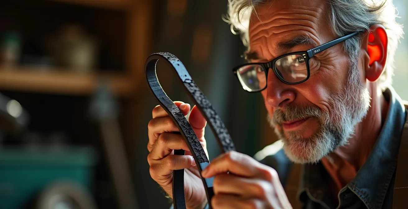 Inspection détaillée révélant les microfissures sur une courroie de tondeuse usée