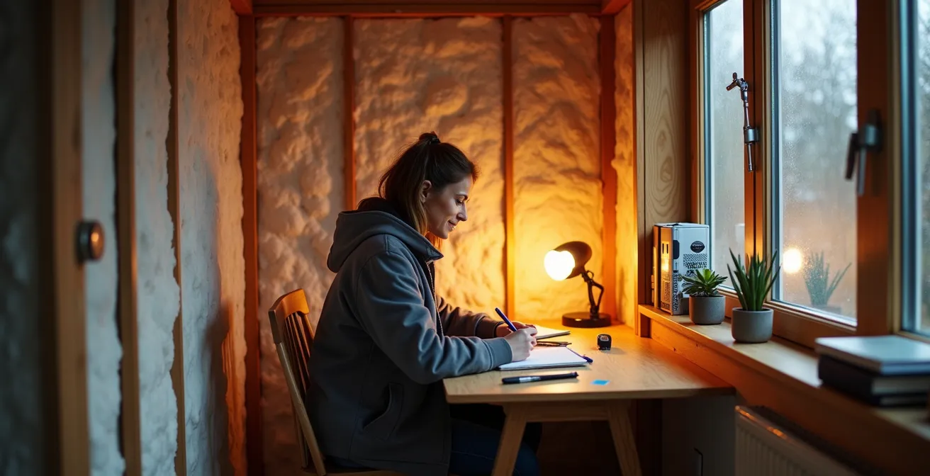 Intérieur d'un chalet de jardin aménagé en bureau avec isolation visible et espace de travail chaleureux