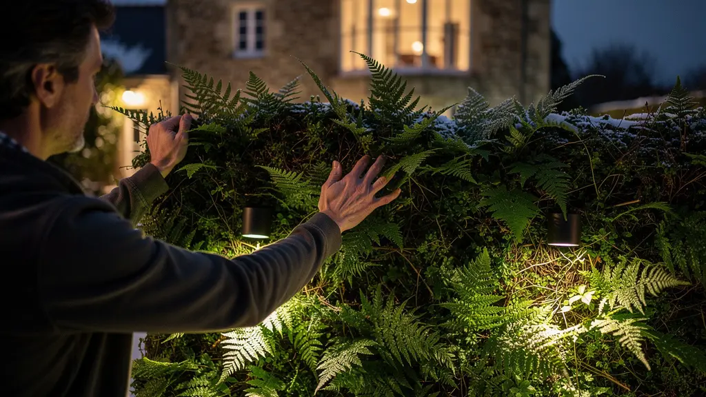 Jardin breton hivernal avec mur végétal persistant illuminé par éclairage rasant LED