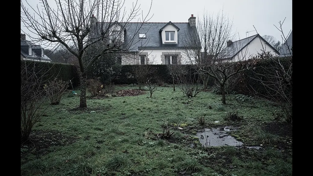 Jardin breton dénudé en hiver avec arbres sans feuilles