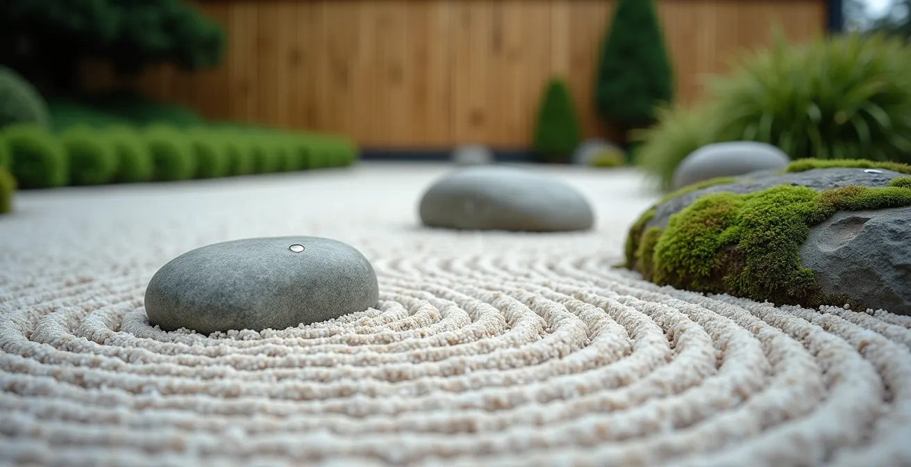 Petit jardin urbain utilisant les techniques japonaises avec bambous créant des écrans partiels et perspective en profondeur