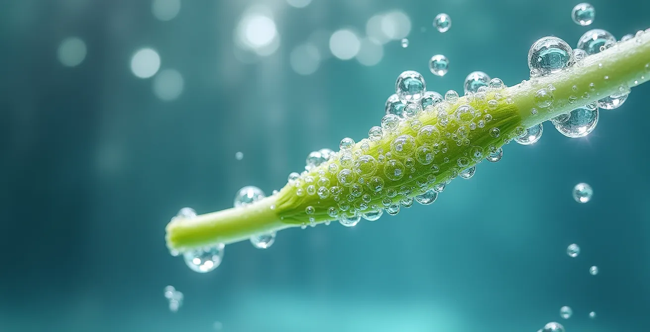 Vue macro d'une tige de fleur immergée montrant les bulles d'air et la circulation de l'eau