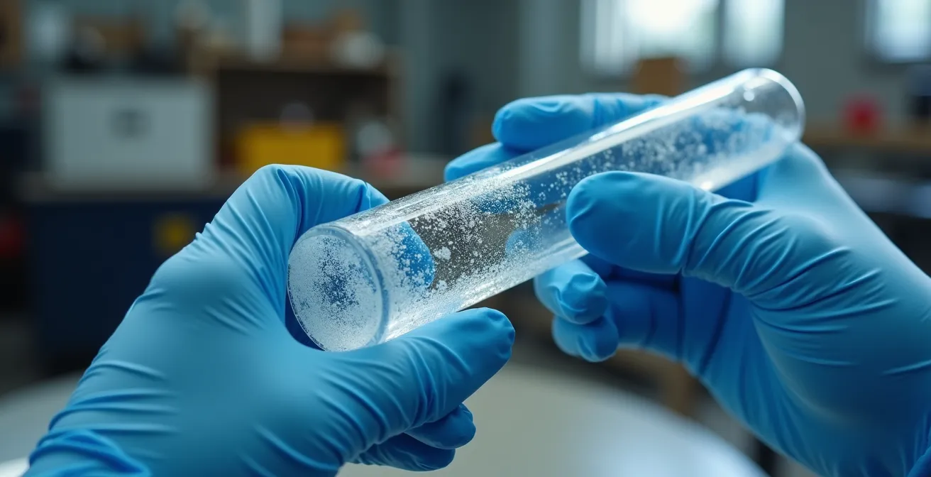 Vue rapprochée d'un manchon en quartz d'une lampe UV-C montrant l'accumulation de tartre et biofilm
