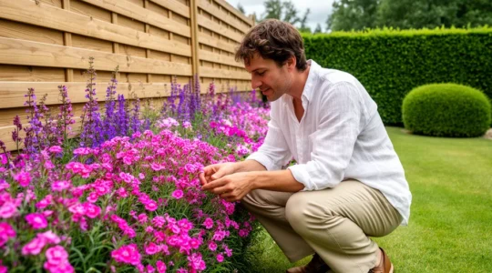 Massif de fleurs vivaces colorées au pied d'une clôture bois dans jardin résidentiel