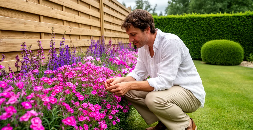 Massif de fleurs vivaces colorées au pied d'une clôture bois dans jardin résidentiel