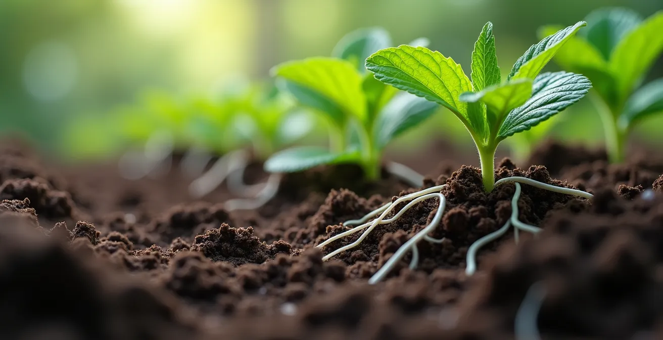 Barrière anti-rhizome installée dans le sol pour contenir la menthe dans un carré de jardin médicinal