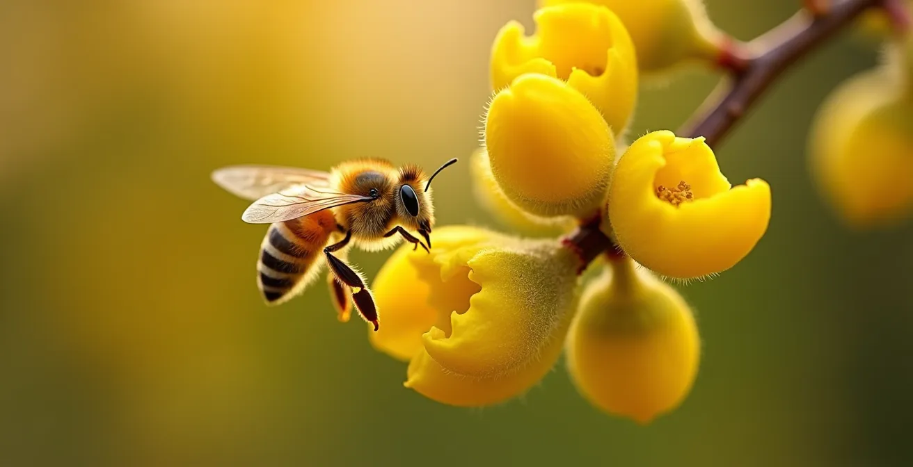 Gros plan sur les chatons de noisetier avec une abeille récoltant du pollen
