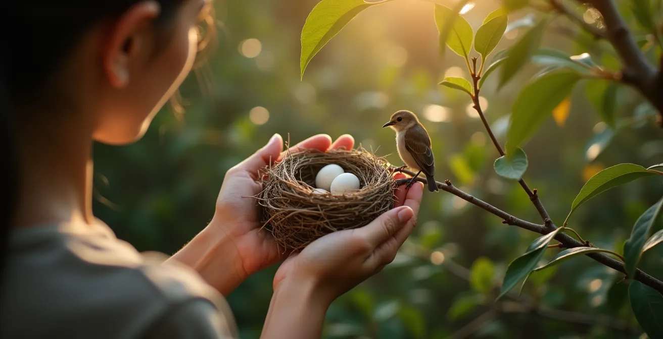 Observateur discret vérifiant la présence de nids dans une haie avant taille
